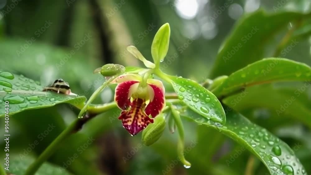 A vibrant orchid flower adorned with rain droplets A vibrant orchid flower adorned with rain droplets