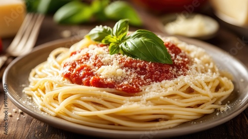 A plate of perfectly cooked Italian long noodles, topped with marinara sauce, fresh basil, and grated parmesan cheese, ready to be savored.