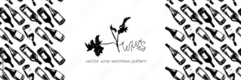 Naklejka premium Template banner with red wine bottles pattern seamless. Hand-drawn coal sketches of red wine and white wine in vector. Winery frame design, grape alcohol pattern.