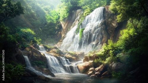 A pristine waterfall cascading down a rocky cliff, surrounded by lush greenery and devoid of any human presence, creating a serene natural haven.
