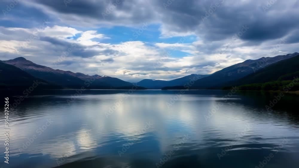 A tranquil lake reflecting cloudy mountains under a serene sky A tranquil lake reflecting cloudy mountains under a serene sky