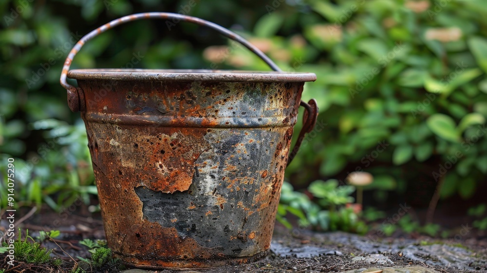Rusty metal bucket, dented and worn, in an abandoned garden