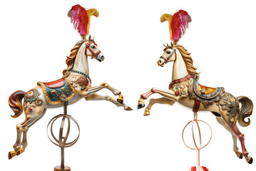 Close-up of a plastic horse of a carousel horses or merry-go-round (supported by a pole and with feathers on the head), isolated on white or transparent background. Png. Generative Ai.