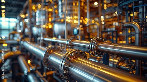 Industrial Piping System: Close-Up of Flanges and Connections