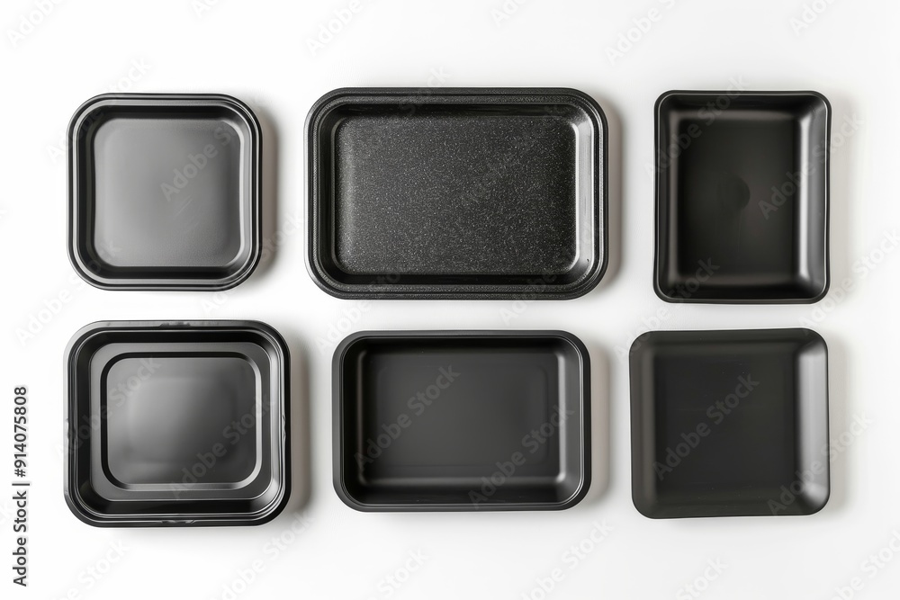 Various black trays seen from above on white background plastic microwavable food trays Various black trays seen from above on white background plastic microwavable food trays