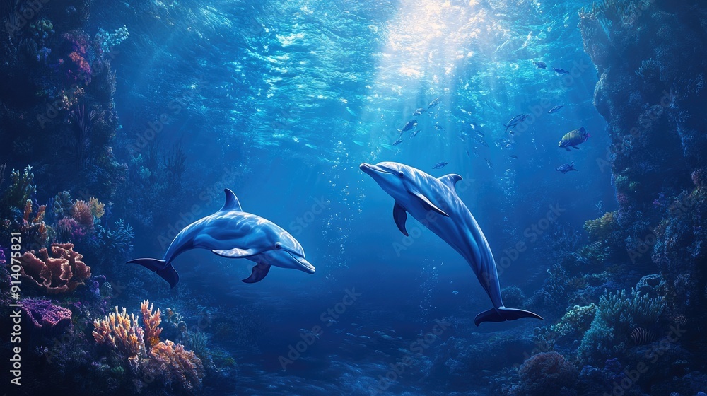 Fototapeta premium A serene underwater scene of dolphins gliding effortlessly through the deep blue sea, surrounded by marine life and coral reefs.