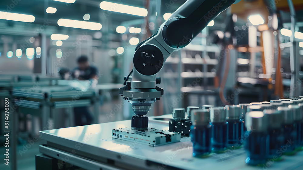 A robotic arm in a factory setting assists in the assembly of product on the line. A robotic arm in a factory setting assists in the assembly of product on the line.