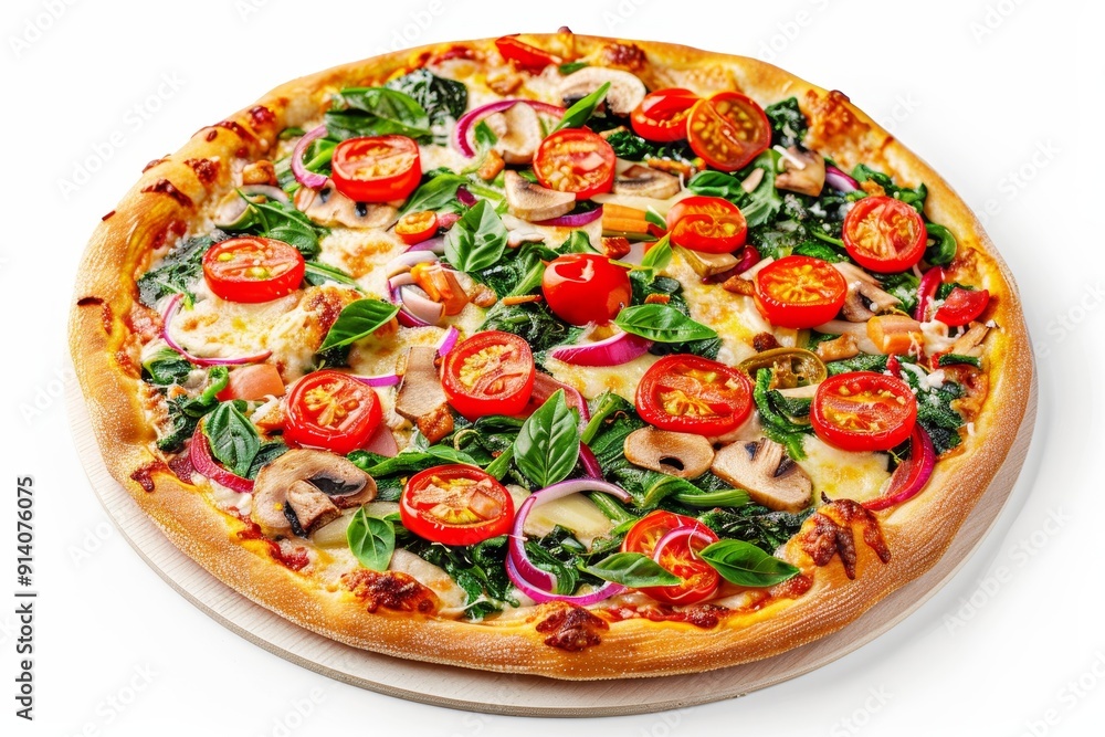 Vegetable and basil pizza on white background Vegetable and basil pizza on white background