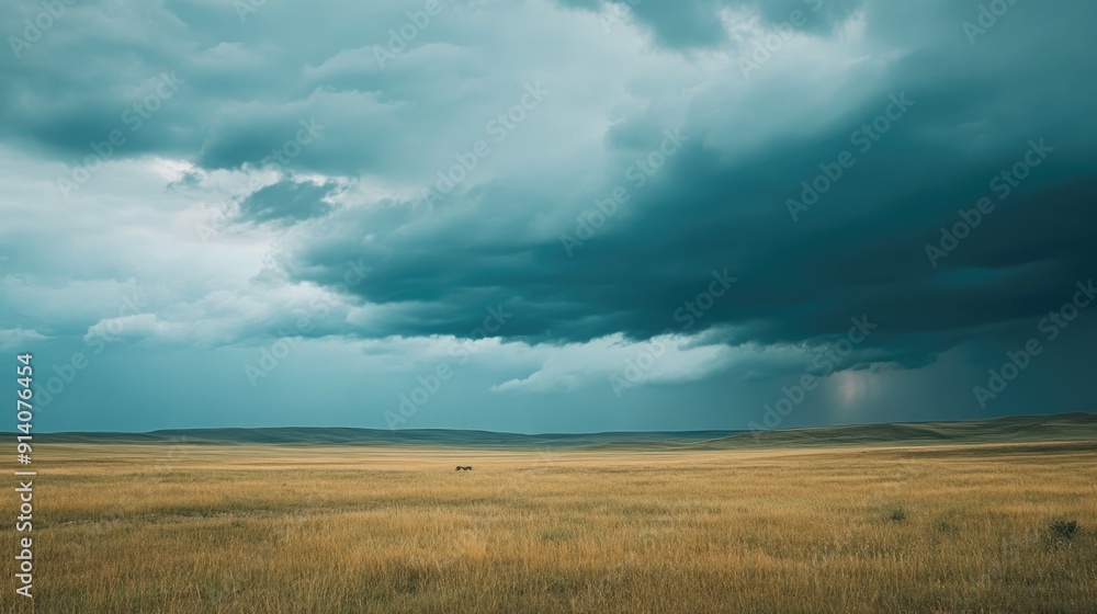 Fototapeta premium A vast open plain under a stormy sky, with the sound of thunder rumbling in the distance, creating a sense of anticipation and tension.
