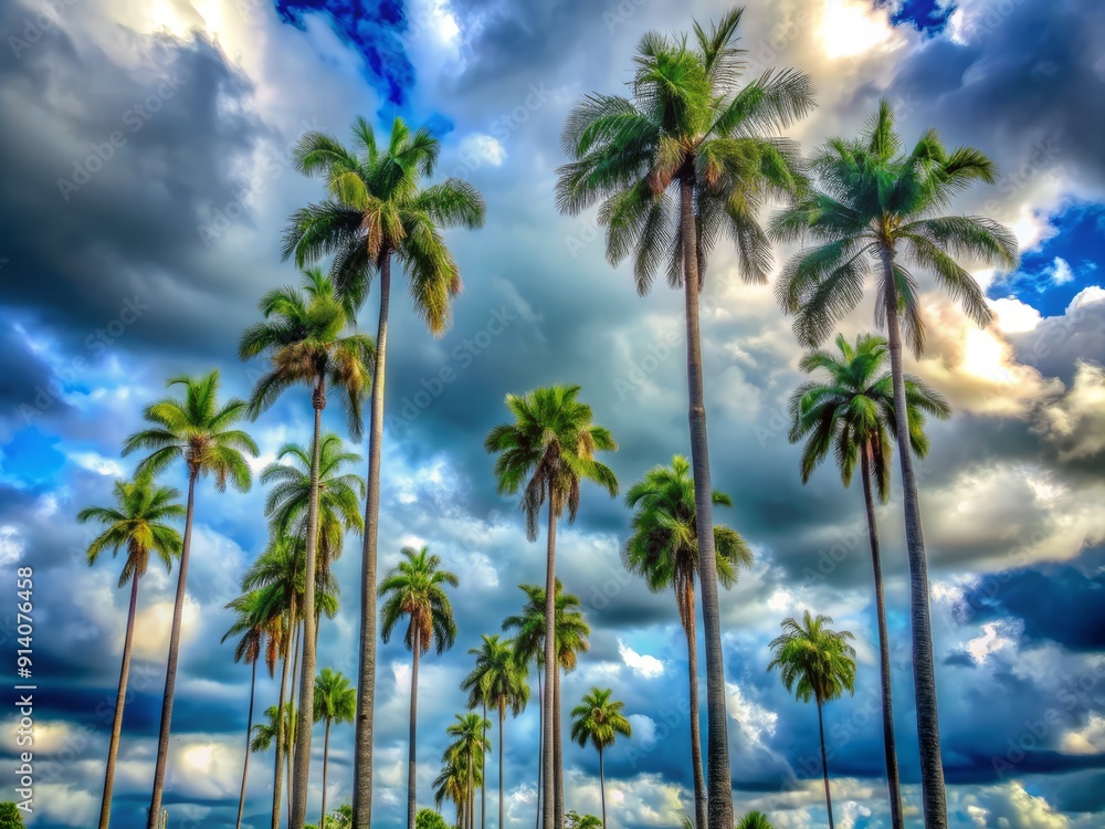 Majestic tall palm trees stand out against a dramatic cloudy sky, with patches of blue visibility peeking through the thick grey and white cloud formations. Majestic tall palm trees stand out against a dramatic cloudy sky, with patches of blue visibility peeking through the thick grey and white cloud formations.