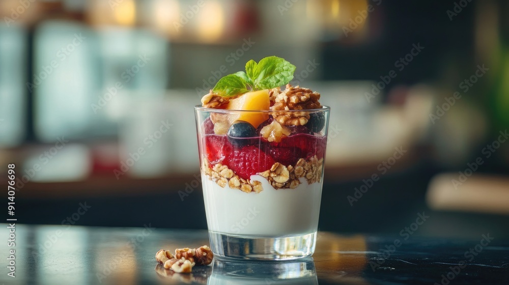 A yoghurt parfait layered with fruits and nuts in a glass, presenting a visually appealing and tasty treat. A yoghurt parfait layered with fruits and nuts in a glass, presenting a visually appealing and tasty treat.