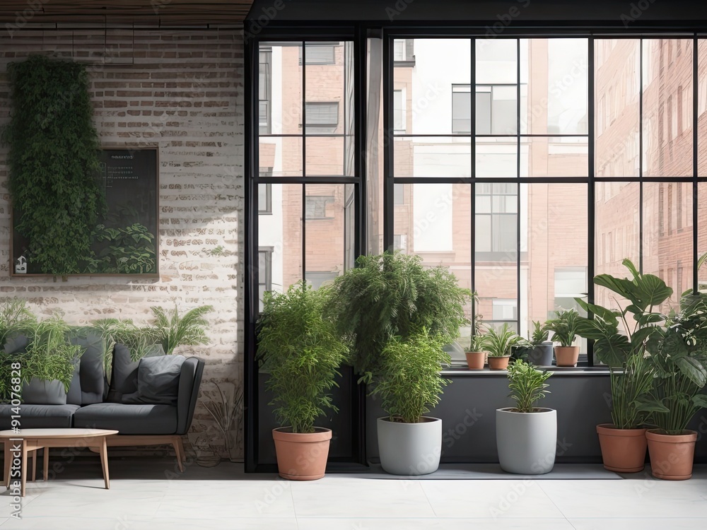 Large windows, plants, and a blank poster frame for mockups on a brick wall characterize this contemporary apartment. Artificial Intelligence Large windows, plants, and a blank poster frame for mockups on a brick wall characterize this contemporary apartment. Artificial Intelligence