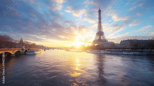 A breathtaking view of the iconic Eiffel Tower during a picturesque sunset in Paris.