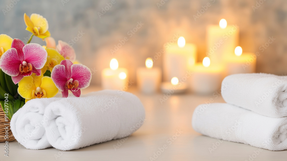 A relaxing spa scene with neatly rolled towels, vibrant orchids, and a variety of candles softly illuminating the area, enhancing the sense of calm, with copy space, A relaxing spa scene with neatly rolled towels, vibrant orchids, and a variety of candles softly illuminating the area, enhancing the sense of calm, with copy space,