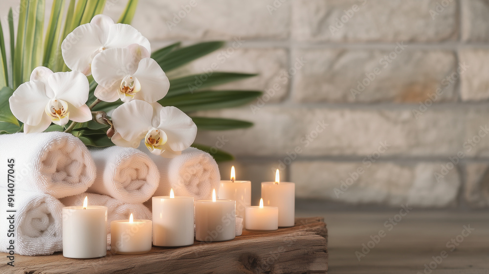 A calming spa display with plush towels, exotic orchids, and an array of lit candles on a rustic wooden surface, exuding relaxation, with copy space, A calming spa display with plush towels, exotic orchids, and an array of lit candles on a rustic wooden surface, exuding relaxation, with copy space,