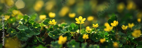 Tiny yellow flowers of probably creeping woodsorrel Oxalis Corniculata symbolizing the arrival of spring and the start of new seasons with their small yet endearing appearance photo