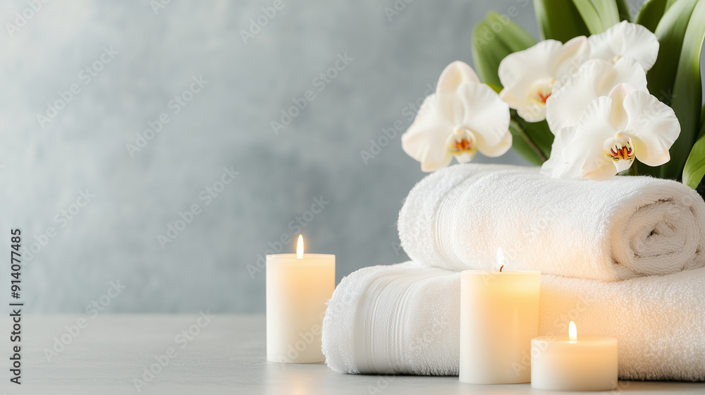 A beautifully arranged spa scene with plush towels, delicate orchids, and candles providing a warm glow, ideal for relaxation, with copy space, A beautifully arranged spa scene with plush towels, delicate orchids, and candles providing a warm glow, ideal for relaxation, with copy space,