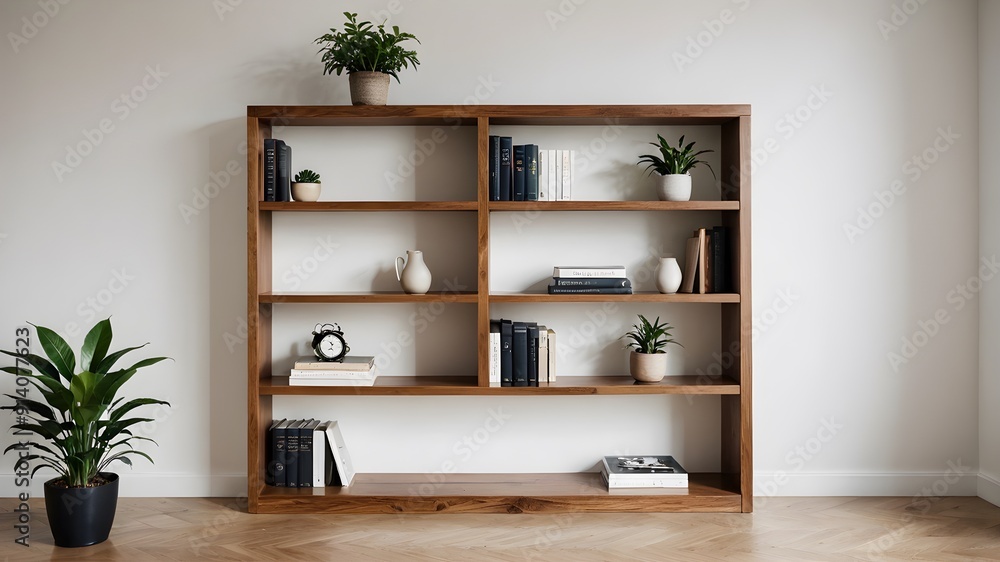 Wooden Bookcase with Minimalist Plant Decor Wooden Bookcase with Minimalist Plant Decor