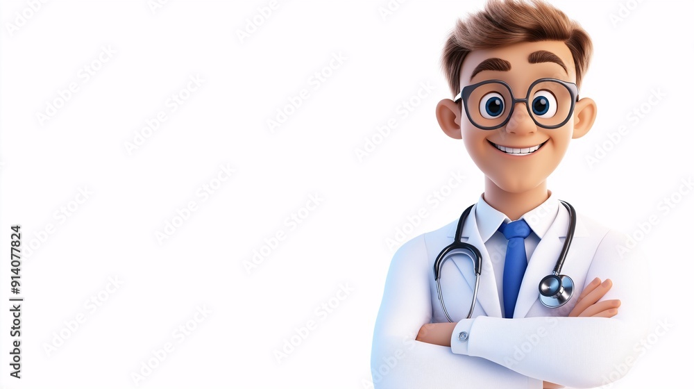 A cheerful cartoon character of a young doctor with a stethoscope A cheerful cartoon character of a young doctor with a stethoscope