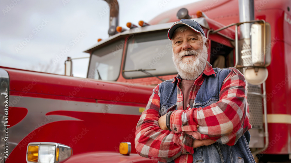 An older man with a white beard and wearing a denim vest poses confidently with crossed arms beside his red semi truck under a cloudy sky, exuding pride and contentment. An older man with a white beard and wearing a denim vest poses confidently with crossed arms beside his red semi truck under a cloudy sky, exuding pride and contentment.