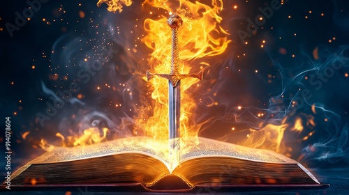 A mystical scene of a sword emerging from a flaming book photo