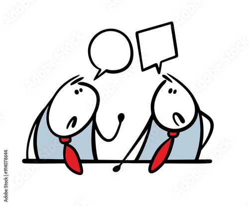 Two businessmen in business suits are sitting at a table and arguing. Vector illustration colleagues in the office cannot solve a difficult task and do not understand each other. Unhappy cartoon guys.