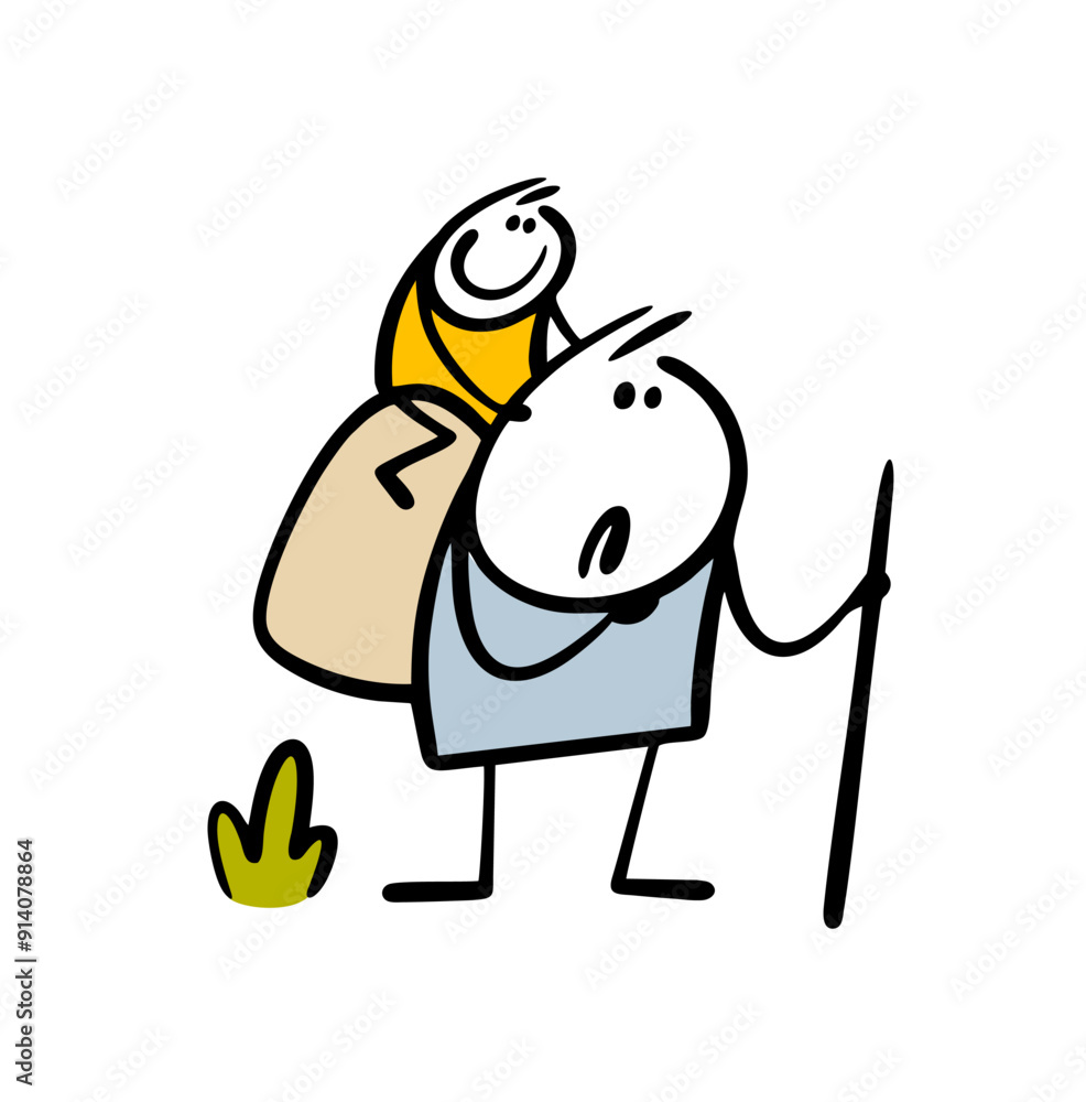 Fototapeta premium Cartoon tired father carries a backpack and a happy child on his shoulders. Vector illustration of a family camping trip. Doodle funny man with a cane and children travel in the field.