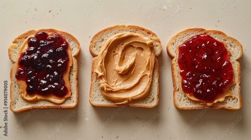 Peanut butter and jelly sandwiches on bread slices classic american snack and comfort food Peanut butter and jelly sandwiches on bread slices classic american snack and comfort food