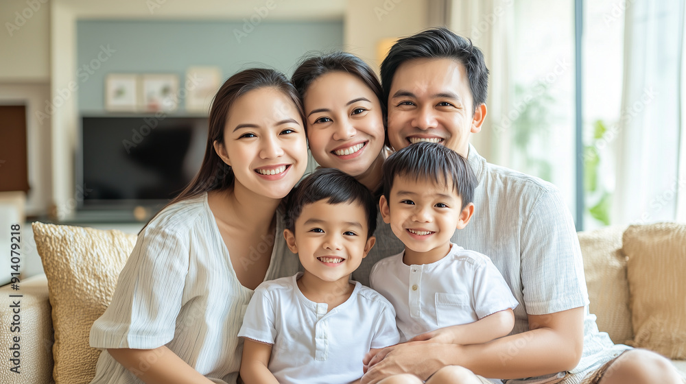 Family bonding time in the living room, parents with their two children, cheerful and loving moments, contemporary home setting, with copy space Family bonding time in the living room, parents with their two children, cheerful and loving moments, contemporary home setting, with copy space