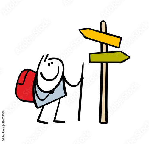Cartoon tourist with backpack went hiking and stands at crossroads, decides which road to go. Vector illustration of travelers road sign, direction indicator with sign and arrow. 