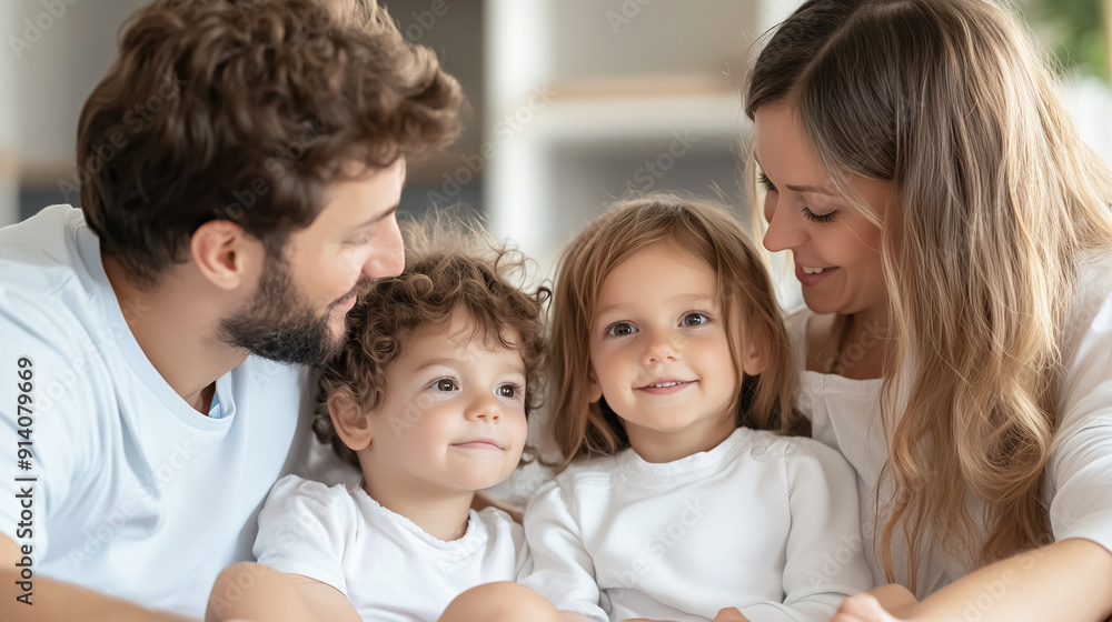 Happy family gathering, parents with two children, enjoying time together, sitting on the floor, stylish home interior, with copy space Happy family gathering, parents with two children, enjoying time together, sitting on the floor, stylish home interior, with copy space
