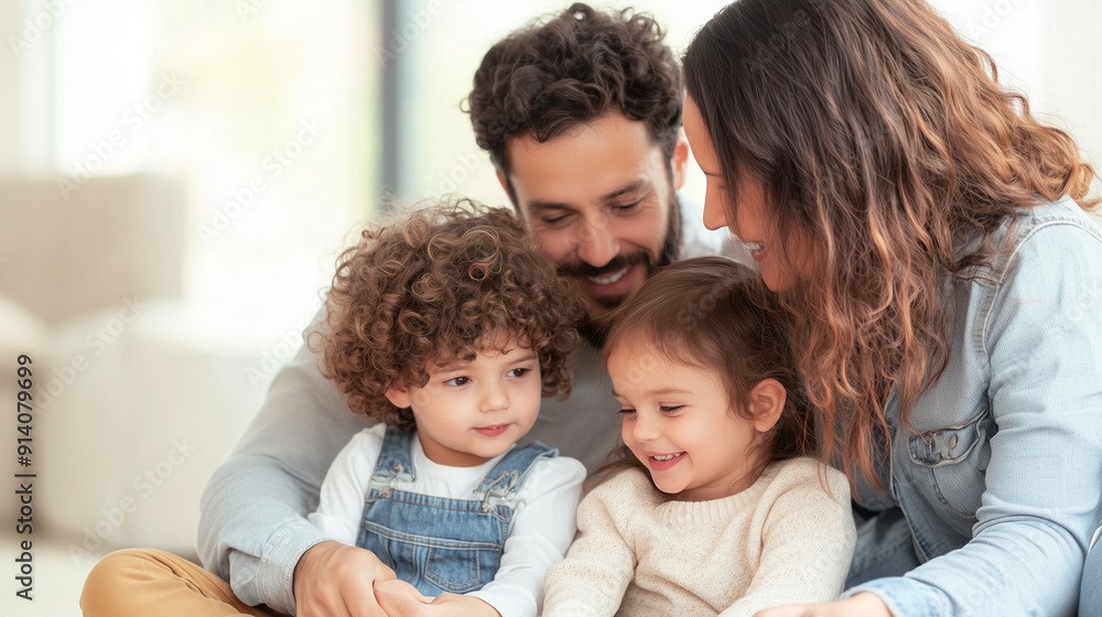 Happy family gathering, parents with two children, enjoying time together, sitting on the floor, stylish home interior, with copy space Happy family gathering, parents with two children, enjoying time together, sitting on the floor, stylish home interior, with copy space