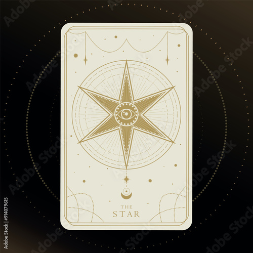Tarot card of Major Arcana the Star. Tarot card in golden and white colors. Tarot symbolism. Mystery, astrology, esoteric. Vector illustration