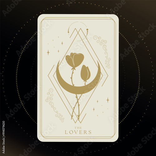 Golden tarot card of Major Arcana the Lovers. Two intertwined flowers on shiny crescent background. Tarot symbolism. Mystery, astrology, esoteric. Vector illustration
