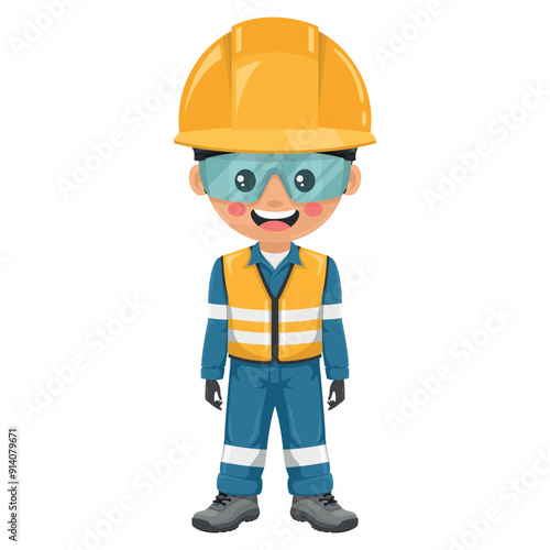 Industrial engineer dressed in reflective safety vest, blue coverall, helmet, safety glasses and gloves. Safety first. Personal protective equipment. Industrial safety and occupational health at work