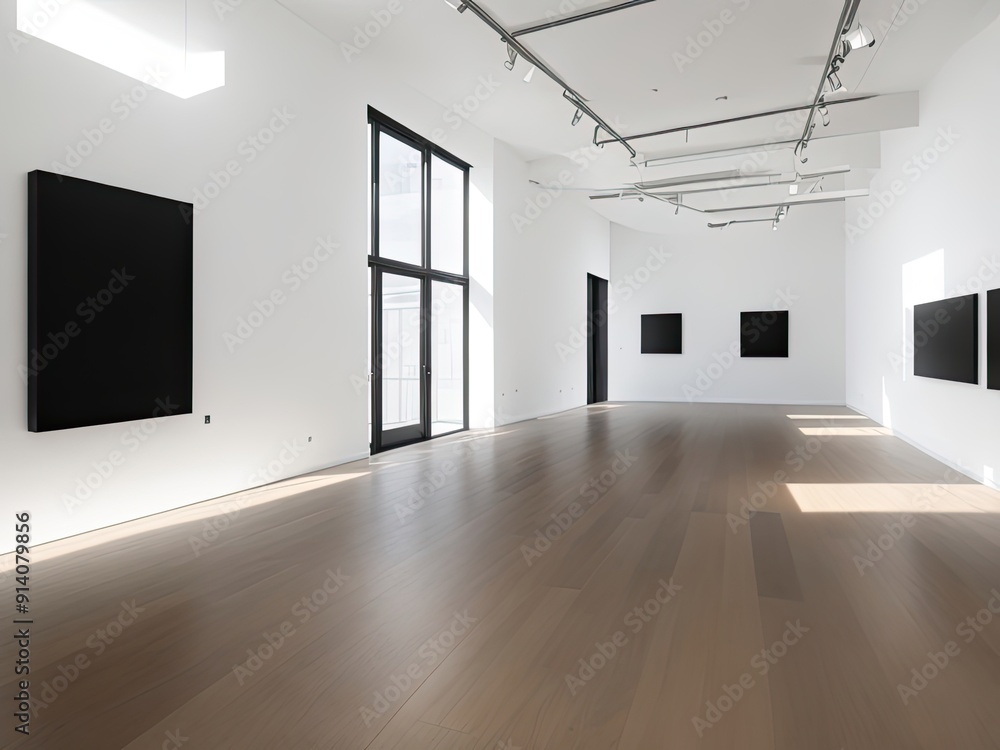 The interior of a modern, empty gallery features mockups on black walls, wooden floors, and daylight-filled windows. The interior of a modern, empty gallery features mockups on black walls, wooden floors, and daylight-filled windows.