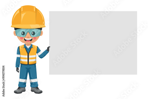Industrial engineer dressed in reflective safety vest, blue coverall, helmet, safety glasses and gloves holding a sign with space for text for advertising, presentations, brochures. Safety first