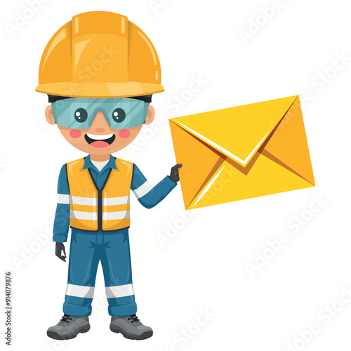 Industrial engineer with reflective safety vest, coverall and helmet with letter envelope for email. Concept of communication, notification and contact. Industrial safety and occupational health