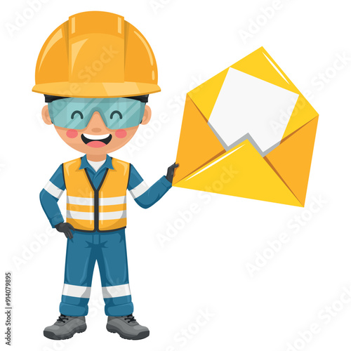 Industrial engineer with reflective safety vest, coverall and helmet with letter envelope for email. Concept of communication, notification and contact. Industrial safety and occupational health