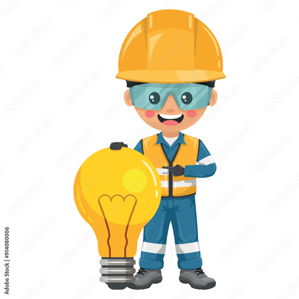 Industrial engineer dressed in reflective safety vest, blue coverall, helmet, safety glasses and gloves with a giant light bulb.Creative idea symbol. Industrial safety and occupational health at work Industrial engineer dressed in reflective safety vest, blue coverall, helmet, safety glasses and gloves with a giant light bulb.Creative idea symbol. Industrial safety and occupational health at work