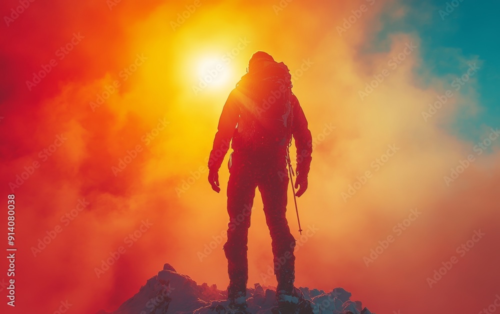 Obraz premium A solitary figure stands on a mountain peak, silhouetted against a vibrant sunset and swirling clouds, embodying adventure and achievement.