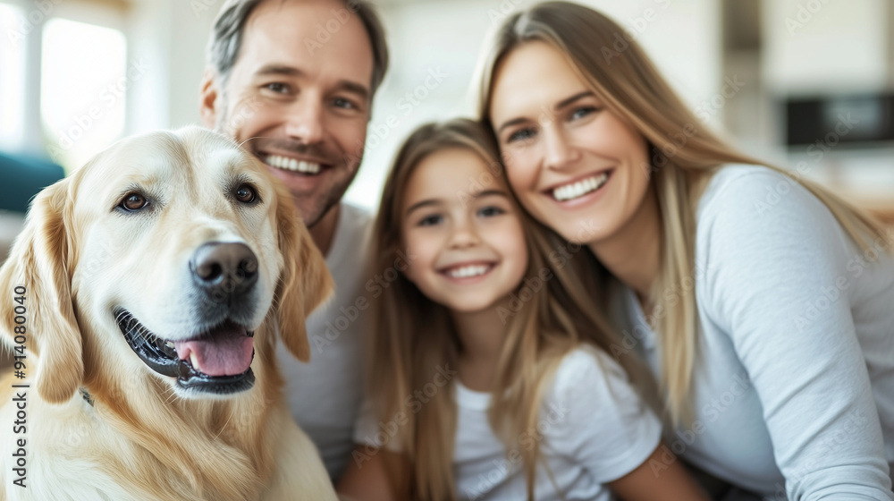 Happy family with their dog sitting on the floor in a cozy living room, parents and daughter smiling and hugging, warm and inviting home, with copy space