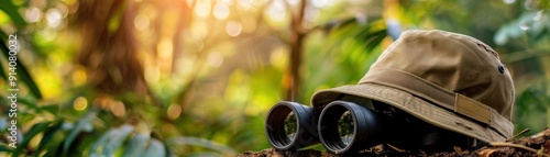 Binoculars and Hat in a Tropical Forest.
