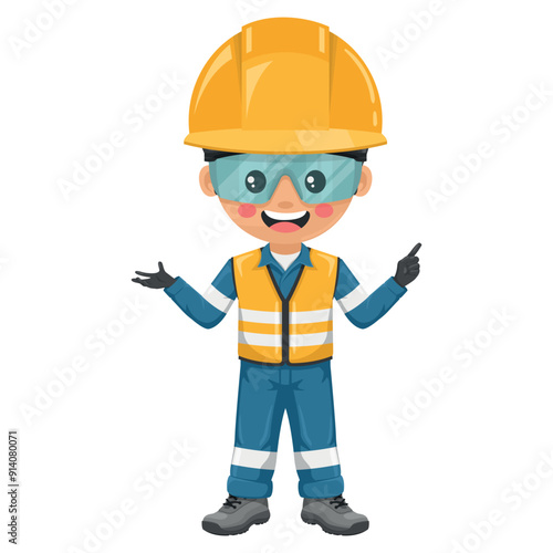 Industrial engineer dressed in reflective safety vest, coverall and helmet pointing his finger. Express an idea and indicate with the index finger. Industrial safety and occupational health at work