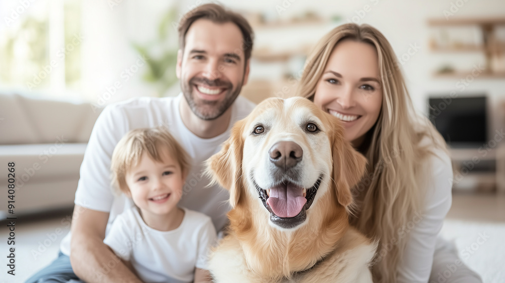 Family portrait with their dog in the living room, parents and child smiling and embracing, sitting on the floor, stylish and comfortable home, with copy space Family portrait with their dog in the living room, parents and child smiling and embracing, sitting on the floor, stylish and comfortable home, with copy space