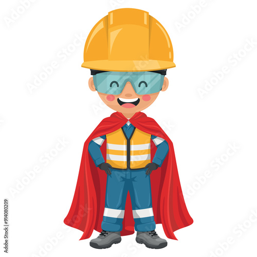 Industrial engineer hero wearing his superhero cape. Represents the ingenuity, strength, and problem solving prowess of engineers. Safety first. Industrial safety and occupational health at work