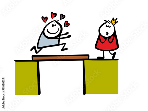 Doodle man in love overcomes difficulties and runs across the bridge with his arms outstretched. Vector illustration of a princess waiting for the groom. A cartoon man and a woman meet on the shore.