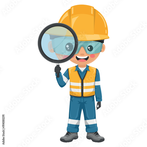 Industrial engineer looking through a magnifying glass. Concept of study and research. Supervisor with his coverall and personal protective equipment. Industrial safety and occupational health