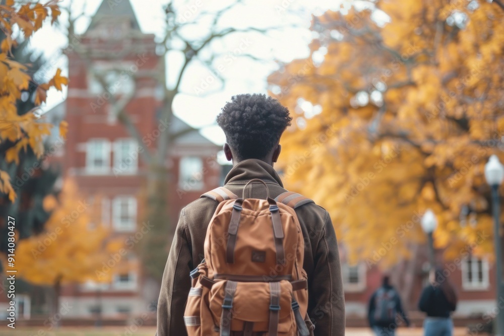 Young man with backpack observing autumn campus scenery with orange trees Young man with backpack observing autumn campus scenery with orange trees