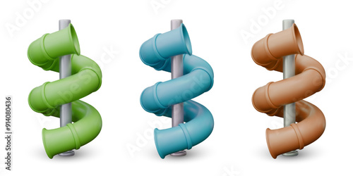 Realistic spiral tube, closed water slide. Set of vector pipe templates for water fun